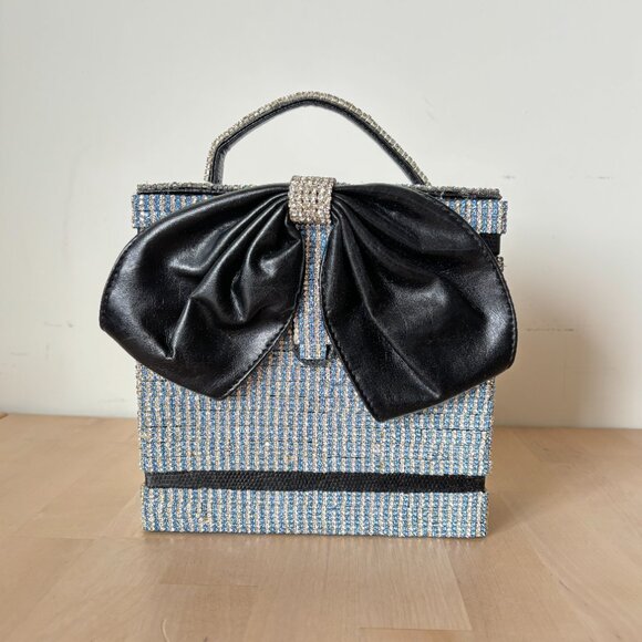 Adorable Evening Purse with Blue and White Glass Rhinestones and Big Bow - Picture 8 of 8